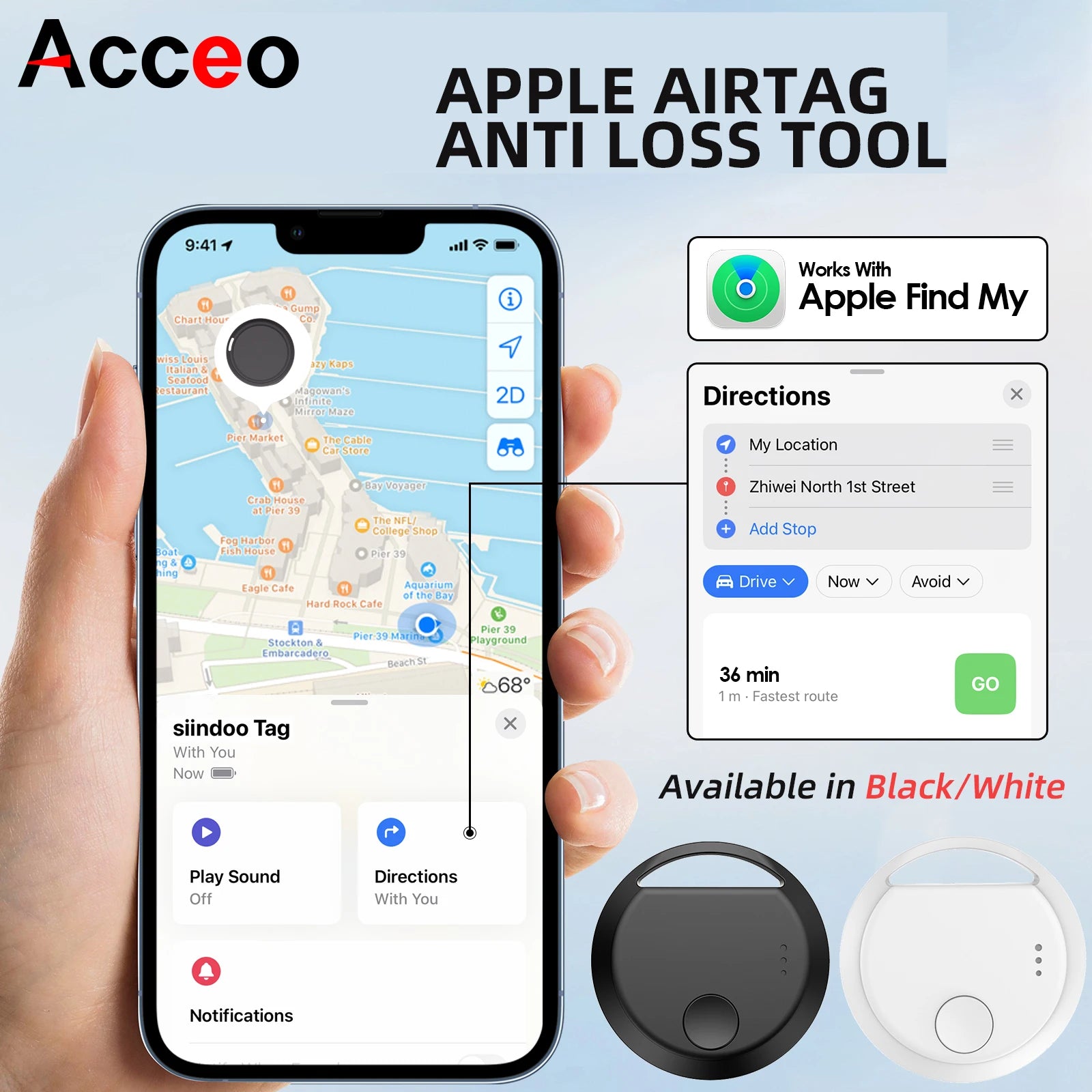 Acceo Smart Anti-Lost Tag Bluetooth GPS Tracker Work with Apple Find My App Key Finder for Keys Wallet Luggage Bag Pet Tracker